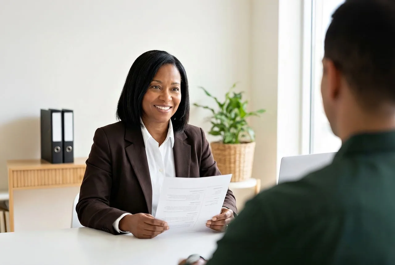 kvinde, professionel, interview, anliggender, kontor, smilende, kandidat, dokument, møde, skrivebord, alsidig, medarbejder, spore, time, leder, forretning, rekruttering, ansøger, afro amerikaner, glad, rekruttere, arbejdsgiver, ai genereret